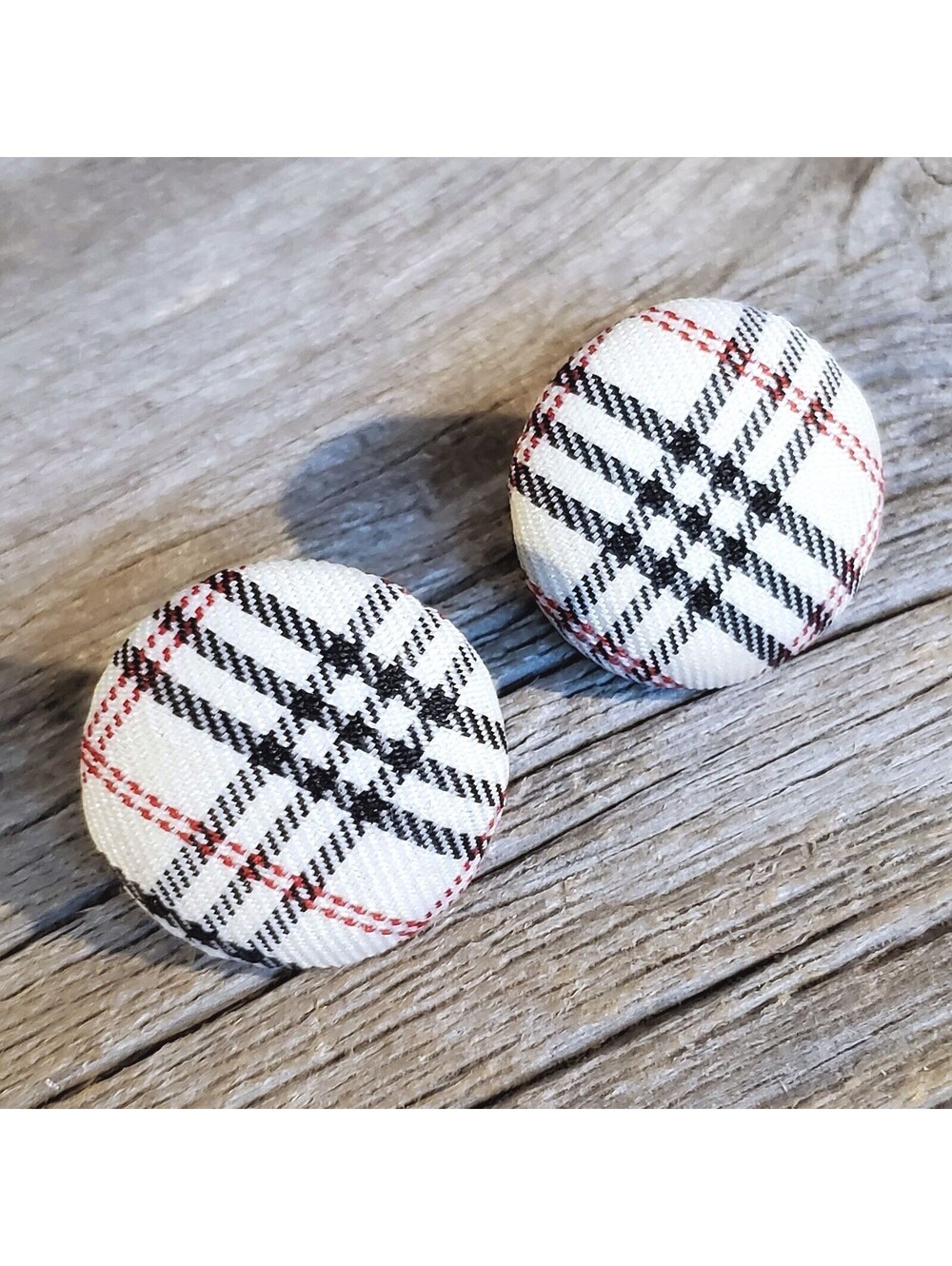 White Black Red Tartan Plaid Fabric Button Earrings